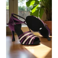 Women's Purple Strappy Satin Dance Heels with Glitter Accents - Professional Gatsby Party Ballroom Shoes