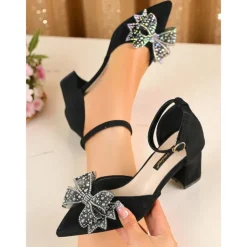 Women's Purple Velvet Block Heel Shoes with Rhinestone Bow and Ankle Strap - Elegant Party and Cocktail Heels for Ladies