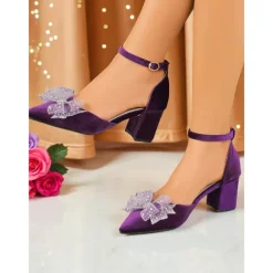 Women's Purple Velvet Block Heel Shoes with Rhinestone Bow and Ankle Strap - Elegant Party and Cocktail Heels for Ladies