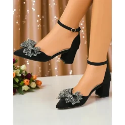 Women's Purple Velvet Block Heel Shoes with Rhinestone Bow and Ankle Strap - Elegant Party and Cocktail Heels for Ladies