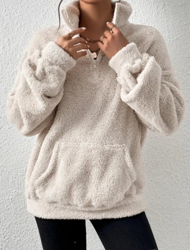 Women's Quarter Zipper Sweater Pullover Casual Soft Pure Color Fuzzy Stand Collar Pocket Long Sleeve Regular Tops Knit Outdoor Daily Weekend Black Apricot Fall Winter