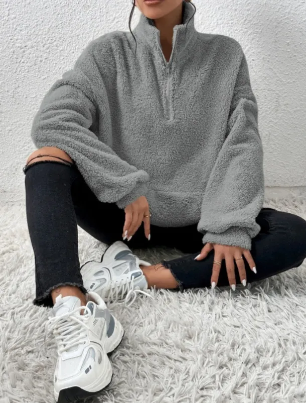 Women's Quarter Zipper Sweater Pullover Casual Soft Pure Color Fuzzy Stand Collar Pocket Long Sleeve Regular Tops Knit Outdoor Daily Weekend Black Apricot Fall Winter