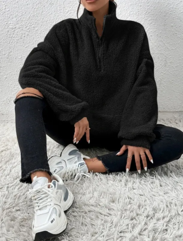 Women's Quarter Zipper Sweater Pullover Casual Soft Pure Color Fuzzy Stand Collar Pocket Long Sleeve Regular Tops Knit Outdoor Daily Weekend Black Apricot Fall Winter