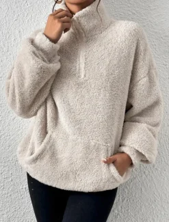 Women's Quarter Zipper Sweater Pullover Casual Soft Pure Color Fuzzy Stand Collar Pocket Long Sleeve Regular Tops Knit Outdoor Daily Weekend Black Apricot Fall Winter