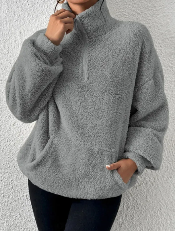 Women's Quarter Zipper Sweater Pullover Casual Soft Pure Color Fuzzy Stand Collar Pocket Long Sleeve Regular Tops Knit Outdoor Daily Weekend Black Apricot Fall Winter