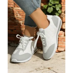 Women's Quilted Lace-Up Sneakers – Casual Fashion Walking Shoes for Daily Wear, Weekend Shopping and Light Workouts