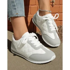 Women's Quilted Lace-Up Sneakers – Casual Fashion Walking Shoes for Daily Wear, Weekend Shopping and Light Workouts