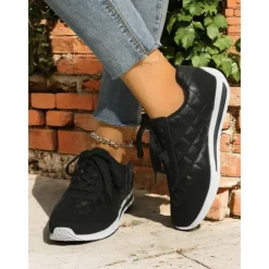 Women's Quilted Lace-Up Sneakers – Casual Fashion Walking Shoes for Daily Wear, Weekend Shopping and Light Workouts