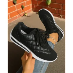 Women's Quilted Lace-Up Sneakers – Casual Fashion Walking Shoes for Daily Wear, Weekend Shopping and Light Workouts