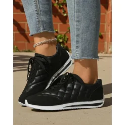 Women's Quilted Lace-Up Sneakers – Casual Fashion Walking Shoes for Daily Wear, Weekend Shopping and Light Workouts