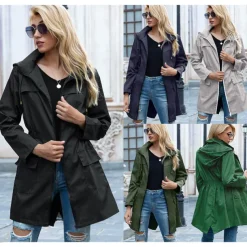 Women's Rain Poncho Hiking Raincoat Waterproof Hiking Jacket Outdoor Thermal Warm Waterproof Windproof Breathable Hoodie Poncho Top Full Length Visible Zipper Fishing Climbing Running Grass Green