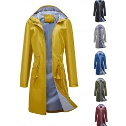 Women's Raincoat Waterproof Rain Jacket Mid-Length Windproof Trench Coat Sport Outdoor Hiking Hooded Jacket with Pockets Casual Jacket Long Sleeve Drawstring Winter Coat Warm Black Yellow
