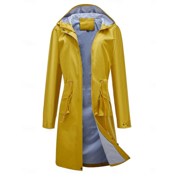 Women's Raincoat Waterproof Rain Jacket Mid-Length Windproof Trench Coat Sport Outdoor Hiking Hooded Jacket with Pockets Casual Jacket Long Sleeve Drawstring Winter Coat Warm Black Yellow