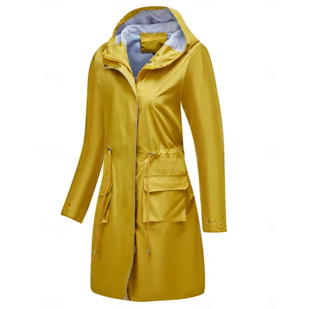 Women's Raincoat Waterproof Rain Jacket Mid-Length Windproof Trench Coat Sport Outdoor Hiking Hooded Jacket with Pockets Casual Jacket Long Sleeve Drawstring Winter Coat Warm Black Yellow