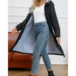 Women's Raincoat Waterproof Rain Jacket Mid-Length Windproof Trench Coat Sport Outdoor Hiking Hooded Jacket with Pockets Casual Jacket Long Sleeve Drawstring Winter Coat Warm Black Yellow