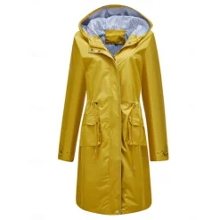 Women's Raincoat Waterproof Rain Jacket Mid-Length Windproof Trench Coat Sport Outdoor Hiking Hooded Jacket with Pockets Casual Jacket Long Sleeve Drawstring Winter Coat Warm Black Yellow