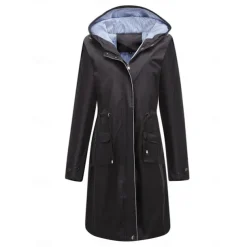 Women's Raincoat Waterproof Rain Jacket Mid-Length Windproof Trench Coat Sport Outdoor Hiking Hooded Jacket with Pockets Casual Jacket Long Sleeve Drawstring Winter Coat Warm Black Yellow