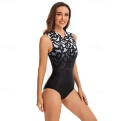 Women's Rash Guard One Piece Swimsuit UV Sun Protection UPF50+ Lightweight Sleeveless Spandex Bodysuit Bathing Suit Front Zip Swimming Surfing Beach Water Sports Printed Summer Spring Autumn