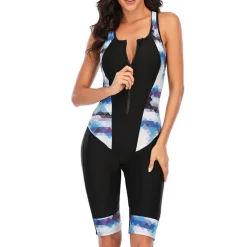Women's Rash Guard One Piece Swimsuit UV Sun Protection Breathable Quick Dry Sleeveless Bodysuit Bathing Suit Front Zip Boyleg Knee Length Swimming Surfing Beach Water Sports Patchwork Summer