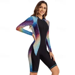 Women's Rash Guard One Piece Swimsuit UV Sun Protection UPF50+ Lightweight Long Sleeve Spandex Bodysuit Bathing Suit Front Zip Swimming Surfing Beach Water Sports Patchwork Summer Spring Autumn