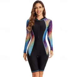 Women's Rash Guard One Piece Swimsuit UV Sun Protection UPF50+ Lightweight Long Sleeve Spandex Bodysuit Bathing Suit Front Zip Swimming Surfing Beach Water Sports Patchwork Summer Spring Autumn