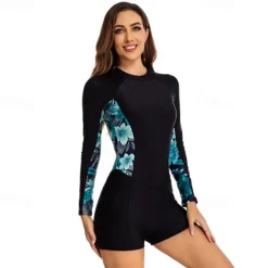 Women's Rash Guard One Piece Swimsuit UV Sun Protection UPF50+ Lightweight Long Sleeve Spandex Bodysuit Bathing Suit Back Zip Swimming Surfing Beach Water Sports Floral Printed Summer Spring Autumn