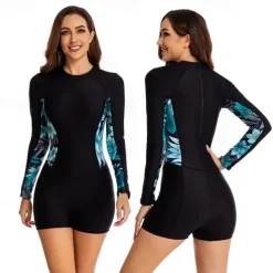 Women's Rash Guard One Piece Swimsuit UV Sun Protection UPF50+ Lightweight Long Sleeve Spandex Bodysuit Bathing Suit Back Zip Swimming Surfing Beach Water Sports Floral Printed Summer Spring Autumn