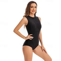 Women's Rash Guard One Piece Swimsuit UV Sun Protection UPF50+ Lightweight Sleeveless Spandex Bodysuit Bathing Suit Front Zip Swimming Surfing Beach Water Sports Solid Colored Summer Spring Autumn