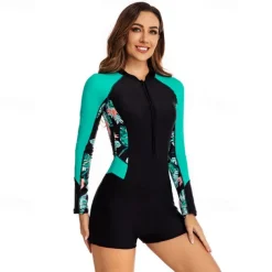 Women's Rash Guard One Piece Swimsuit UV Sun Protection UPF50+ Lightweight Long Sleeve Spandex Bodysuit Bathing Suit Front Zip Swimming Surfing Beach Water Sports Floral Printed Summer Spring Autumn