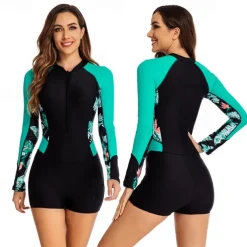 Women's Rash Guard One Piece Swimsuit UV Sun Protection UPF50+ Lightweight Long Sleeve Spandex Bodysuit Bathing Suit Front Zip Swimming Surfing Beach Water Sports Floral Printed Summer Spring Autumn