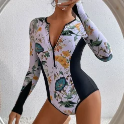 Women's Rash Guard One Piece Swimsuit Lightweight Sleeveless Bodysuit Bathing Suit Front Zip Swimming Surfing Beach Water Sports Floral Printed Summer Spring Autumn