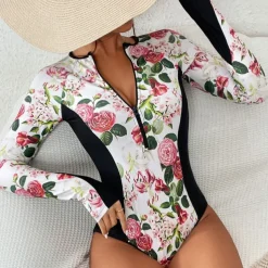 Women's Rash Guard One Piece Swimsuit Lightweight Sleeveless Bodysuit Bathing Suit Front Zip Swimming Surfing Beach Water Sports Floral Printed Summer Spring Autumn