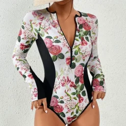 Women's Rash Guard One Piece Swimsuit Lightweight Sleeveless Bodysuit Bathing Suit Front Zip Swimming Surfing Beach Water Sports Floral Printed Summer Spring Autumn