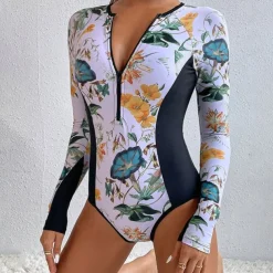 Women's Rash Guard One Piece Swimsuit Lightweight Sleeveless Bodysuit Bathing Suit Front Zip Swimming Surfing Beach Water Sports Floral Printed Summer Spring Autumn