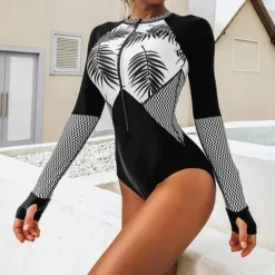 Women's Rash Guard One Piece Swimsuit UV Sun Protection UPF50+ Lightweight Long Sleeve Spandex Bodysuit Bathing Suit Front Zip Swimming Surfing Beach Water Sports Floral Tropical Summer Spring Autumn