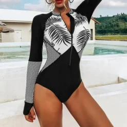 Women's Rash Guard One Piece Swimsuit UV Sun Protection UPF50+ Lightweight Long Sleeve Spandex Bodysuit Bathing Suit Front Zip Swimming Surfing Beach Water Sports Floral Tropical Summer Spring Autumn