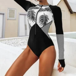 Women's Rash Guard One Piece Swimsuit UV Sun Protection UPF50+ Lightweight Long Sleeve Spandex Bodysuit Bathing Suit Front Zip Swimming Surfing Beach Water Sports Floral Tropical Summer Spring Autumn