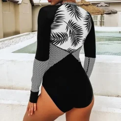Women's Rash Guard One Piece Swimsuit UV Sun Protection UPF50+ Lightweight Long Sleeve Spandex Bodysuit Bathing Suit Front Zip Swimming Surfing Beach Water Sports Floral Tropical Summer Spring Autumn