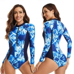 Women's Rash Guard One Piece Swimsuit UV Sun Protection UPF50+ Quick Dry Long Sleeve Swimwear Bathing Suit Front Zip Swimming Diving Surfing Beach Floral Printed Autumn / Fall Spring Summer
