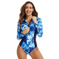 Women's Rash Guard One Piece Swimsuit UV Sun Protection UPF50+ Quick Dry Long Sleeve Swimwear Bathing Suit Front Zip Swimming Diving Surfing Beach Floral Printed Autumn / Fall Spring Summer