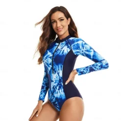Women's Rash Guard One Piece Swimsuit UV Sun Protection UPF50+ Quick Dry Long Sleeve Swimwear Bathing Suit Front Zip Swimming Diving Surfing Beach Floral Printed Autumn / Fall Spring Summer