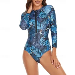 Women's Rash Guard One Piece Swimsuit Lightweight Long Sleeve Bodysuit Bathing Suit Front Zip Swimming Surfing Beach Water Sports Floral Patchwork Printed Summer Spring Autumn