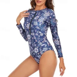Women's Rash Guard One Piece Swimsuit Lightweight Long Sleeve Bodysuit Bathing Suit Front Zip Swimming Surfing Beach Water Sports Floral Patchwork Printed Summer Spring Autumn