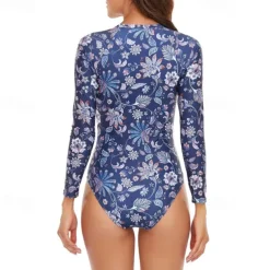 Women's Rash Guard One Piece Swimsuit Lightweight Long Sleeve Bodysuit Bathing Suit Front Zip Swimming Surfing Beach Water Sports Floral Patchwork Printed Summer Spring Autumn