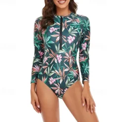 Women's Rash Guard One Piece Swimsuit Lightweight Long Sleeve Bodysuit Bathing Suit Front Zip Swimming Surfing Beach Water Sports Floral Patchwork Printed Summer Spring Autumn