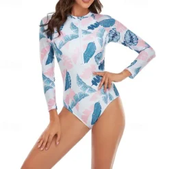 Women's Rash Guard One Piece Swimsuit Lightweight Long Sleeve Bodysuit Bathing Suit Front Zip Swimming Surfing Beach Water Sports Floral Patchwork Printed Summer Spring Autumn