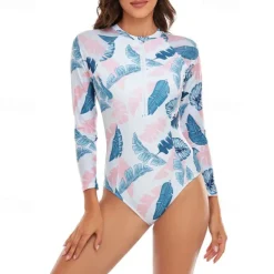 Women's Rash Guard One Piece Swimsuit Lightweight Long Sleeve Bodysuit Bathing Suit Front Zip Swimming Surfing Beach Water Sports Floral Patchwork Printed Summer Spring Autumn