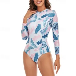 Women's Rash Guard One Piece Swimsuit Lightweight Long Sleeve Bodysuit Bathing Suit Front Zip Swimming Surfing Beach Water Sports Floral Patchwork Printed Summer Spring Autumn