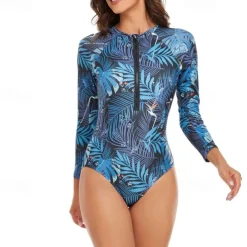 Women's Rash Guard One Piece Swimsuit Lightweight Long Sleeve Bodysuit Bathing Suit Front Zip Swimming Surfing Beach Water Sports Floral Patchwork Printed Summer Spring Autumn