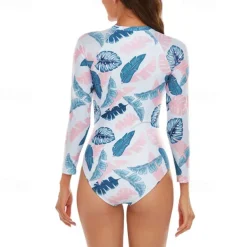 Women's Rash Guard One Piece Swimsuit Lightweight Long Sleeve Bodysuit Bathing Suit Front Zip Swimming Surfing Beach Water Sports Floral Patchwork Printed Summer Spring Autumn